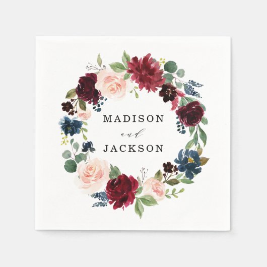 Elegante Blush Bourgondië en Navy Bloemen Bruiloft Servet (Voorkant)