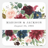 Elegante Blush Bourgondië en Navy Bloemen Bruiloft Vierkante Sticker (Voorkant)