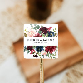 Elegante Blush Bourgondië en Navy Bloemen Bruiloft Vierkante Sticker
