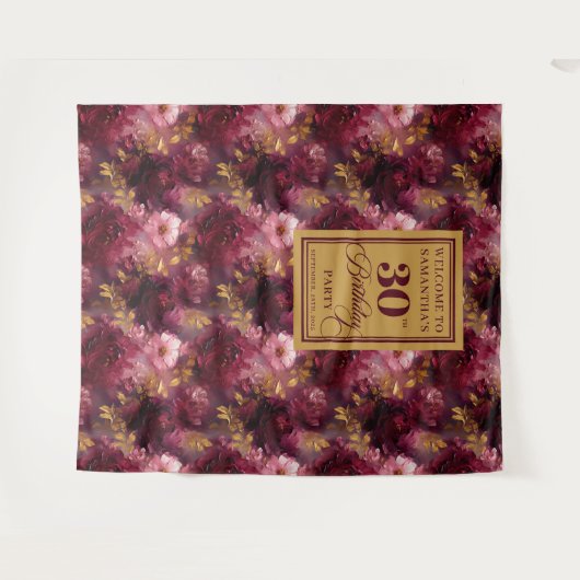 Elegante Blush Bourgondië Gouden Boho 30e verjaard Wandkleed (Voorkant (horizontaal))