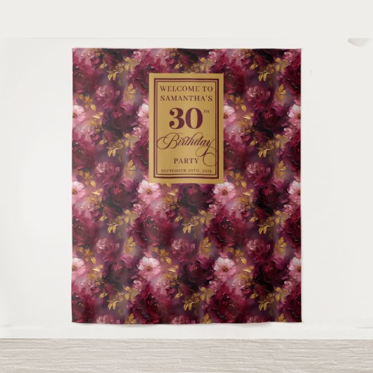 Elegante Blush Bourgondië Gouden Boho 30e verjaard Wandkleed (Voorkant)