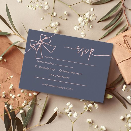 Elegante Blush Bow Slate Blue Wedding Response Kaa RSVP Kaartje