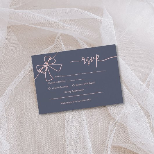 Elegante Blush Bow Slate Blue Wedding Response Kaa RSVP Kaartje