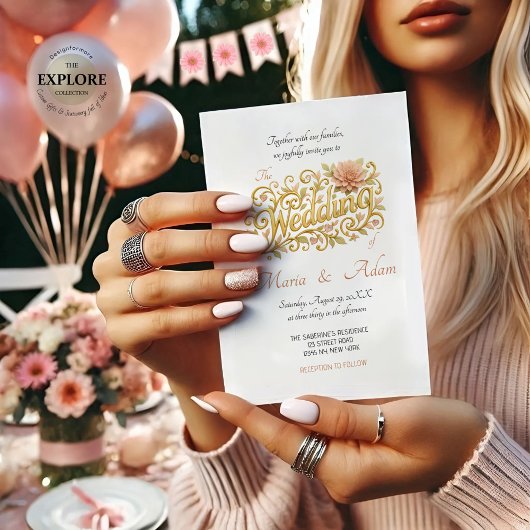 Elegante Blush Dahlias Gouden Schrift Bruiloft Kaart