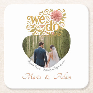 Elegante Blush Dahlias Gouden Schrift Trouwfoto Kartonnen Onderzetters