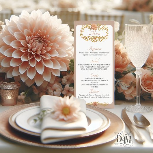 Elegante Blush Dahlias Gouden Scriptie Bruiloft Menu