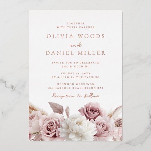 Elegante Blush Dusty Roos bruiloft Roos Gold Folie Uitnodiging (Voorkant)
