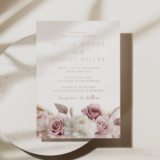 Elegante Blush Dusty Roos bruiloft Roos Gold Folie Uitnodiging