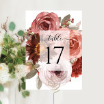 Elegante Blush en Bourgondische bruiloft of ander  Kaart<br><div class="desc">Elegante bloementafel nummerkaart met prachtige handgeschilderde waterverf boeket. Gebruik van elegante en sierlijke moderne kalligrafie. Bloemen en bladeren in een combinatie van blush roze,  roos goud,  perzik,  bordeaux,  Marsala en salie groene tinten. Onderdeel van onze "Hemel in Roos" bruiloft en evenementen collecties.</div>