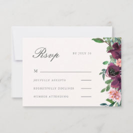 Elegante Blush en Plum Waterverf Bloemenbruiloft RSVP Kaartje