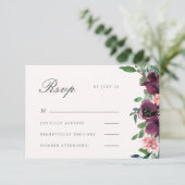 Elegante Blush en Plum Waterverf Bloemenbruiloft RSVP Kaartje (Staand voorkant)