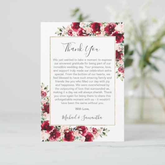 Elegante blush en rode rozen bruiloft bedankkaart (Staand voorkant)