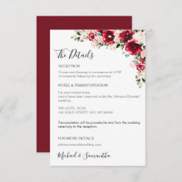 Elegante blush en rode rozen bruiloft informatiekaartje