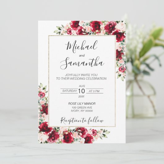 Elegante blush en rode rozen bruiloft kaart (Staand voorkant)