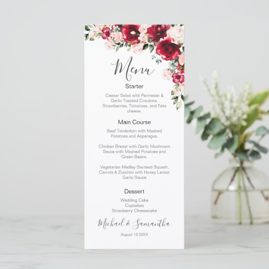 Elegante blush en rode rozen bruiloft menu (Staand voorkant)