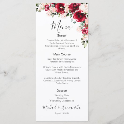 Elegante blush en rode rozen bruiloft menu (Voorkant)