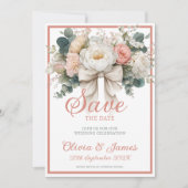 Elegante Blush en Witte Bloemen met strik Trouwen Kaart (Voorkant)