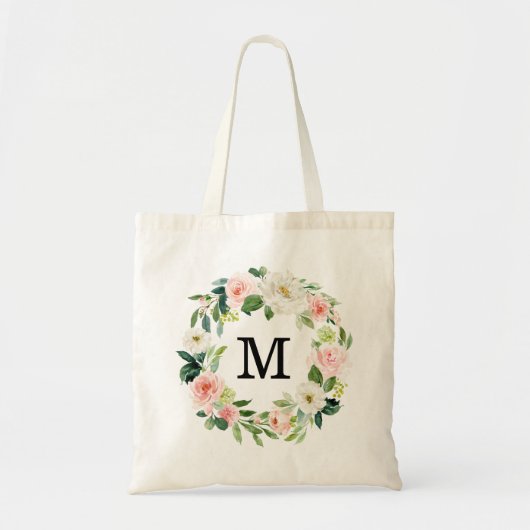 Elegante Blush en Witte Bloemkrans Monogram Tote Bag (Voorkant)
