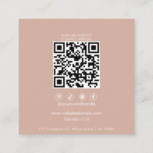 Elegante Blush en Witte Logo Formele QR Code Vierkante Visitekaartje (Achterkant)
