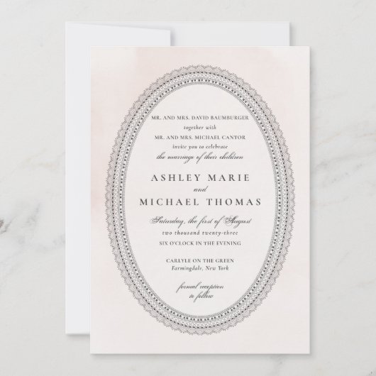 Elegante Blush en Zwarte Waterverf Kant Bruiloft Kaart (Voorkant)