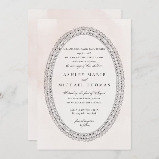 Elegante Blush en Zwarte Waterverf Kant Bruiloft Kaart (Voorkant / Achterkant)