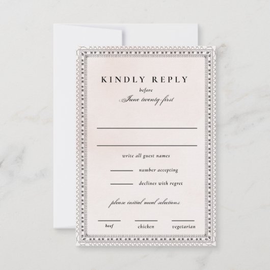 Elegante Blush en Zwarte Waterverf Kant Bruiloft RSVP Kaartje (Voorkant)