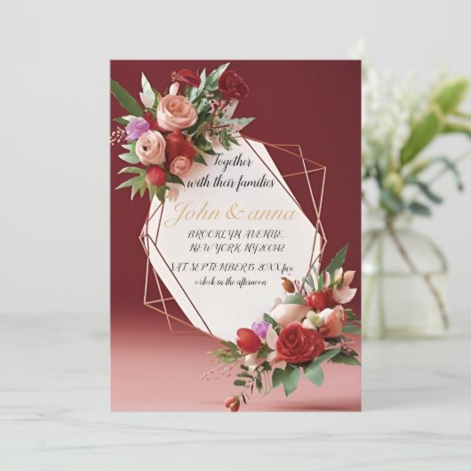 Elegante Blush Floral Gold Lijst bruiloft uitnodig Kaart (Staand voorkant)