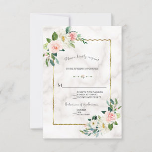 Elegante Blush Flowers Gold Marble Wedding RSVP Kaartje