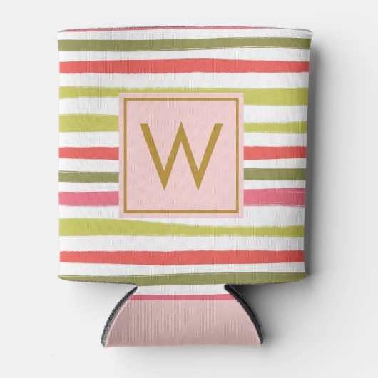 Elegante Blush Girly Monogram Kleurrijk Gestreept Blikjeskoeler (Voorkant)