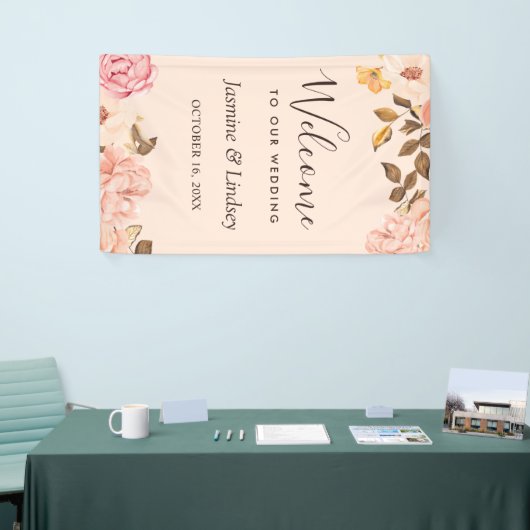 Elegante Blush Gold Engels Bloemen Trouwfeest Spandoek (Beurs)