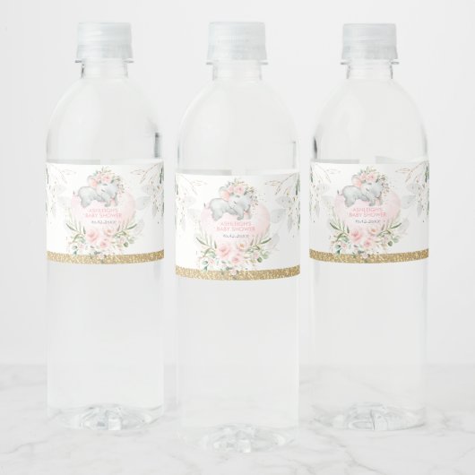 Elegante Blush Gold Floral Baby Olifantsdouche Waterfles Etiket (Flessen)