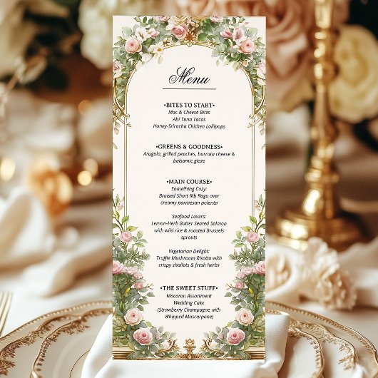 Elegante Blush Gouden Bloemenboog Vintage bruiloft Menu