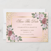Elegante Blush Gouden Confetti Bloemen Huwelijk Save The Date (Voorkant)