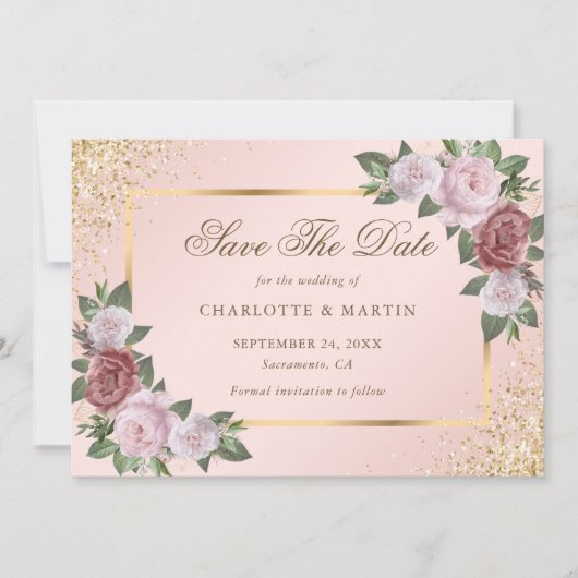 Elegante Blush Gouden Confetti Bloemen Huwelijk Save The Date (Voorkant)