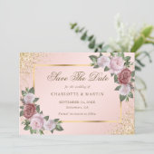Elegante Blush Gouden Confetti Bloemen Huwelijk Save The Date (Staand voorkant)