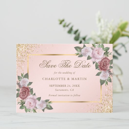 Elegante Blush Gouden Confetti Bloemen Huwelijk Save The Date (Staand voorkant)