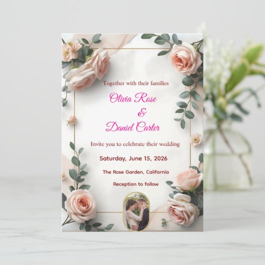 Elegante Blush & Greenery bruiloft uitnodiging (Staand voorkant)