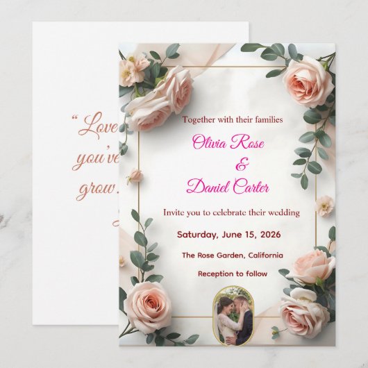 Elegante Blush & Greenery bruiloft uitnodiging (Voorkant / Achterkant)