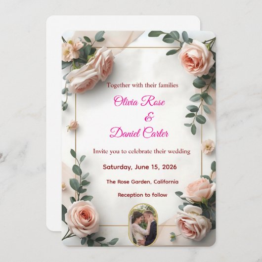 Elegante Blush & Greenery bruiloft uitnodiging (Voorkant / Achterkant)