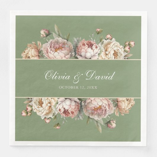 Elegante Blush groen pioenen papier servet (Voorkant)