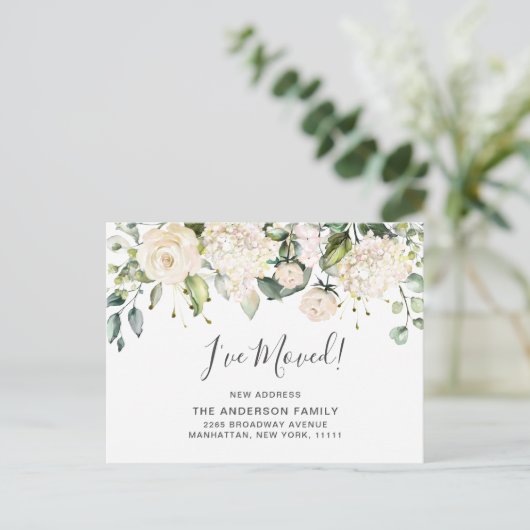 Elegante Blush Hydrangea Rozen Bewegende Aankondig Briefkaart (Staand voorkant)