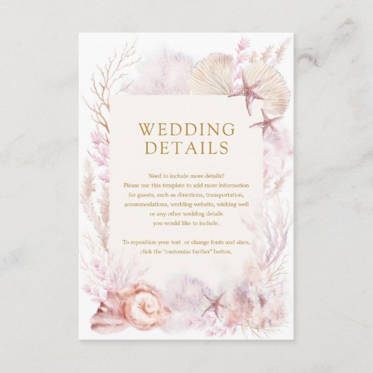 Elegante Blush Lavendel Ocean Beach bruiloft detai Informatiekaartje (Voorkant)