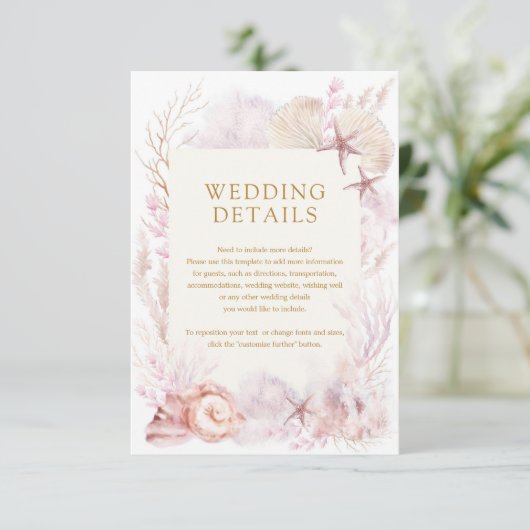 Elegante Blush Lavendel Ocean Beach bruiloft detai Informatiekaartje (Staand voorkant)