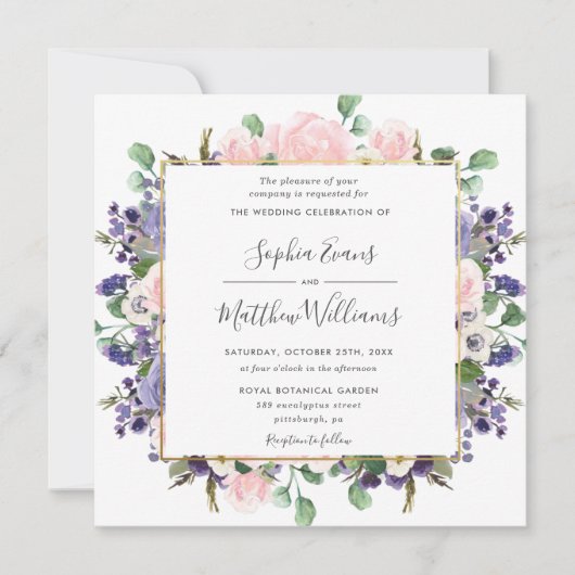 Elegante Blush Lavendel Paarse Bloemen Gouden Brui Kaart (Voorkant)
