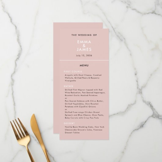 Elegante Blush Minimalistische Ampersand Bruiloft Menu (Voorkant / Achterkant in situ)