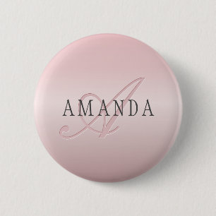 Elegante Blush Nep Rose Goud Naam & Monogram Ronde Button 5,7 Cm
