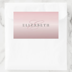 Elegante Blush Nep Roze Goud Naam & Monogram Rechthoekige Sticker