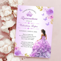 Elegante Blush Paarse Bloemen Quinceañera Invitati