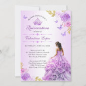 Elegante Blush Paarse Bloemen Quinceañera Invitati Kaart (Voorkant)