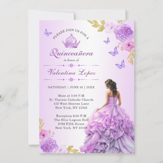 Elegante Blush Paarse Bloemen Quinceañera Invitati Kaart (Voorkant)
